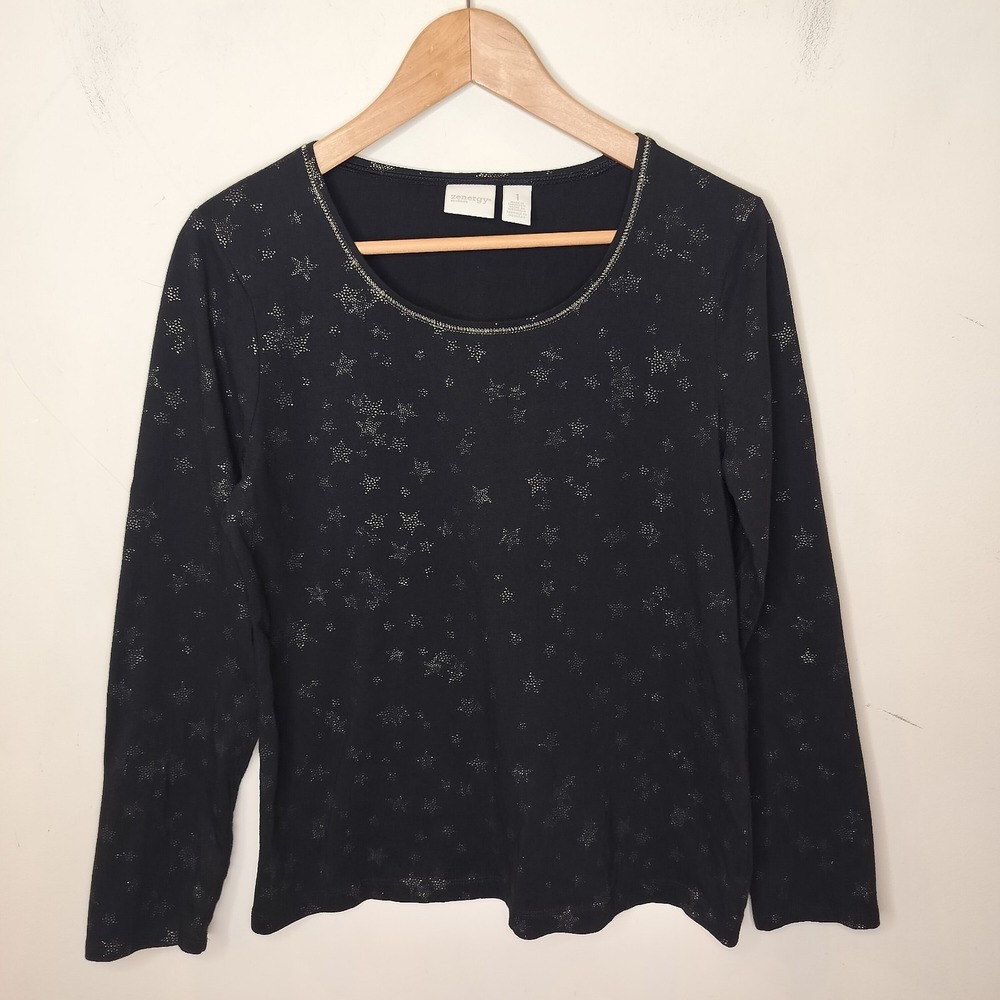 Chico's Zenergy‎ Long Sleeve Shirt Star Pattern Black Gold